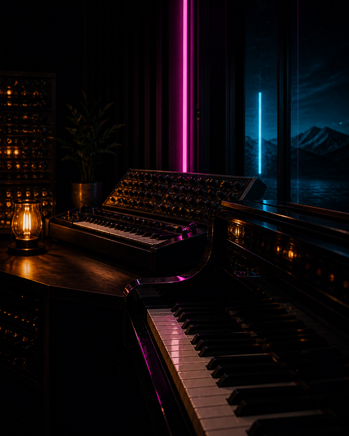 Grand piano and modular synth by the window, arctic mountains outside — Arctic Room Studios